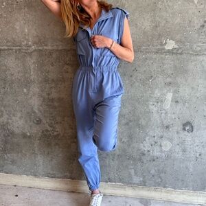 Blue Mock Neck Zip-Up Jumpsuit with Elastic Waist, Front and Side Pockets